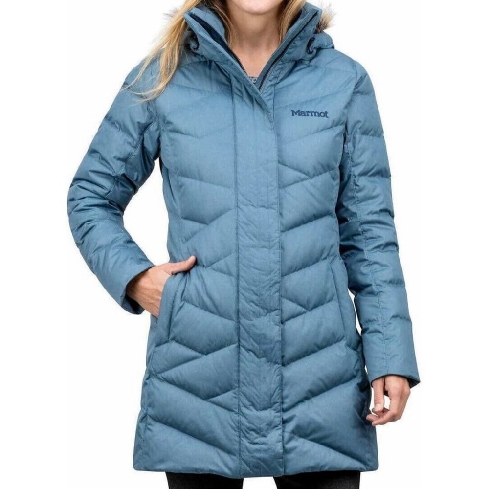 Marmot Worn twice Varma Jacket Long Down Faux Fur Hood Storm Cloud Women Size L